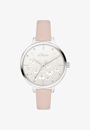 s.Oliver-Uhr mit silbernem Metallgehäuse, weißem Zifferblatt mit geprägten Blumen und einem weichen rosafarbenen Lederarmband. Drei silberne Zeiger für die Zeit.