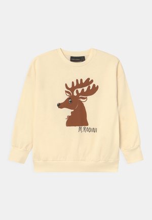 Svedjerfarvet sweatshirt med brun elghovedgrafik og teksten "M.RODINI" på forsiden, ribstrikkede ærmer og rund hals.