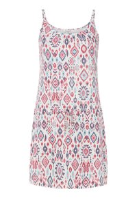 Ärmelloses Sommerkleid mit einem mehrfarbigen geometrischen Muster in Pink, Blau und Lila, aus leichtem Stoff mit einem Zugband in der Taille.