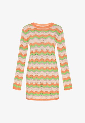 Kootud kleit lainelise mustriga, mis on oranž, roheline, roosa ja kreemikas. Pikad varrukad ja ümar kaelus. Osaliselt läbipaistev tekstuur.