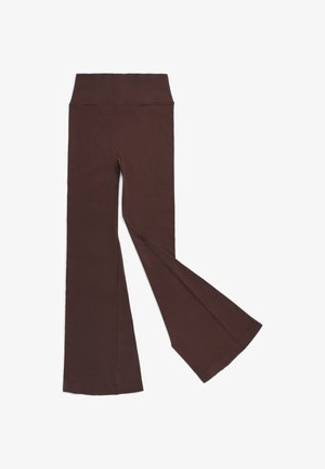 Leggings marroni a campana con vita alta, realizzati in tessuto liscio, caratterizzati da una costruzione con cuciture piatte e un'ampia apertura della gamba.