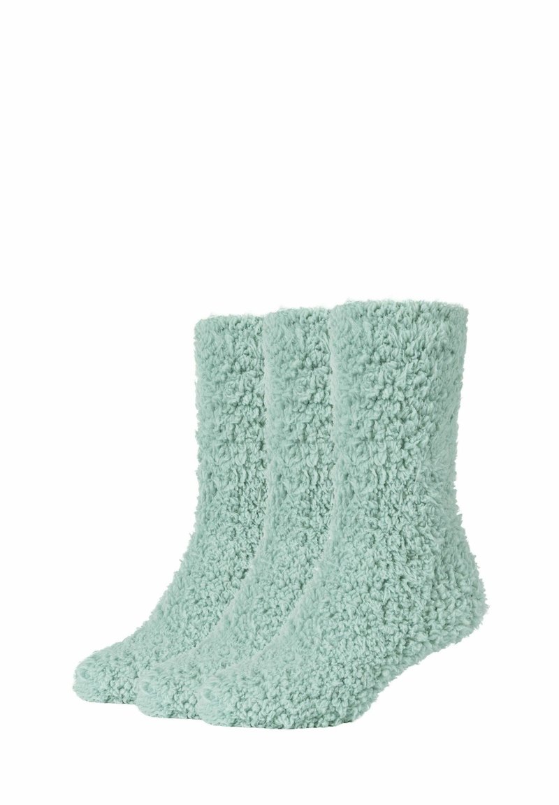 Drei Paar mintgrüne, flauschige Socken mit einer weichen Textur und einer Höhe bis zur Mitte der Wade, die eine gleichmäßige, fuzzy Oberfläche aufweisen.