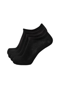 Set di calzini neri alla caviglia, in miscela di cotone, texture liscia, polsino a coste, leggero lucido, tre paia esposti, design a punta tondeggiante.