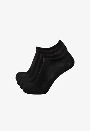 Ensemble de chaussettes de cheville noires, en mélange de coton, texture lisse, couture côtelée, léger éclat, trois paires présentées, design à bout arrondi.