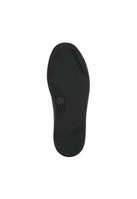Semelle de chaussure en caoutchouc noir avec un motif hexagonal texturé et des rainures pour une meilleure adhérence. Forme plate avec des bords arrondis, sans détails supplémentaires visibles.