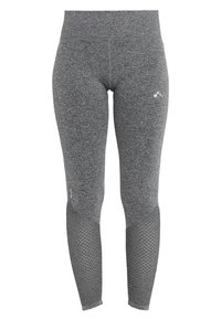 Szare legginsy o wysokim stanie z gładką teksturą, wyposażone w siatkowe panele po dolnych bokach i subtelną grafikę w pobliżu pasa.