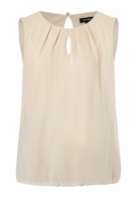 Blusa sin mangas beige con escote redondo, pliegues en la parte delantera y un pequeño corte en forma de llavero debajo del cuello.