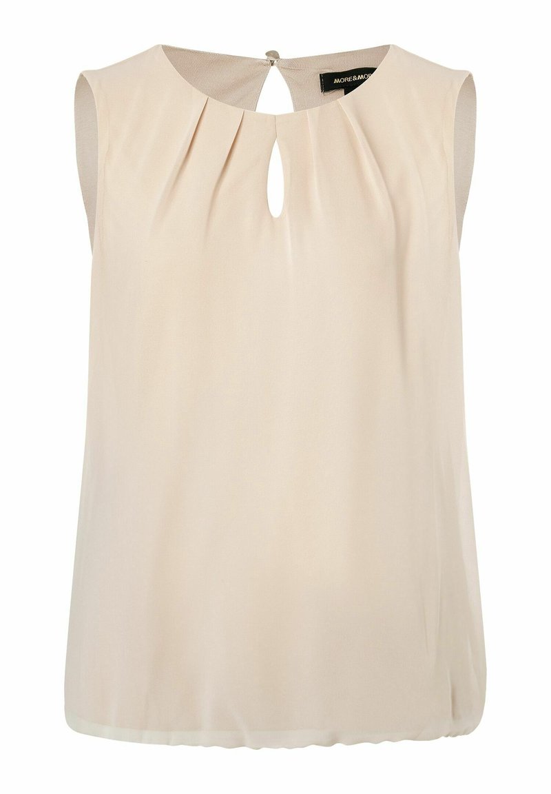 Ärmellose beige Bluse mit rundem Ausschnitt, Falten auf der Vorderseite und einem kleinen Schlüsselloch-Ausschnitt unter dem Kragen.