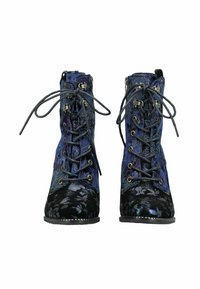 Stivaletti con lacci caratterizzati da una tomaia in tessuto floreale blu e una parte inferiore in suede nero con una finitura testurizzata e occhielli metallici.