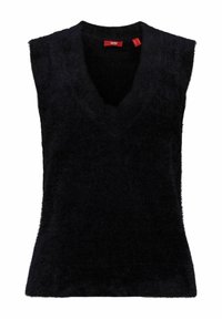 Gilet sans manches noir en tissu duveteux avec col en V et étiquette rouge Esprit à l'intérieur du col.