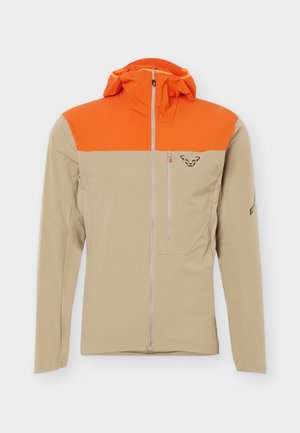 Μπεζ και πορτοκαλί μπουφάν με κουκούλα, μπροστινό φερμουάρ, τσέπη στο στήθος και μαύρο λογότυπο ζώου στην αριστερή πλευρά του στήθους.