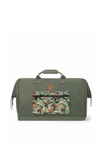 Grüne Duffel-Tasche mit strukturiertem Finish, ausgestattet mit einer großen Fronttasche im Floral-Design und einem Griff oben. Inklusive seitlicher Reißverschlusstasche.