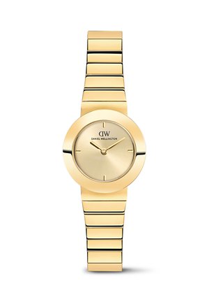 Reloj de pulsera Daniel Wellington color dorado con una esfera redonda lisa, marcadores de hora mínimos y una correa metálica enlazada.