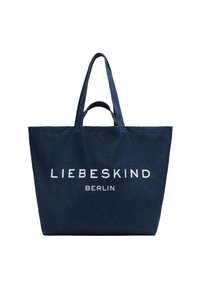 Helltürkisfarbene Tragetasche aus robustem Stoff, mit einem großen weißen Logo "LIEBESKIND BERLIN" auf der Vorderseite. Zwei stabile Henkel.