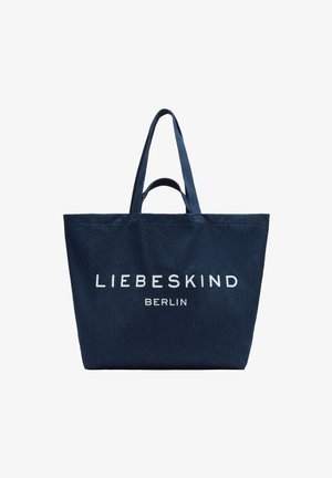 Granatowa torba na ramię wykonana z wytrzymałego materiału, z dużym białym logo "LIEBESKIND BERLIN" z przodu. Dwa mocne uchwyty.