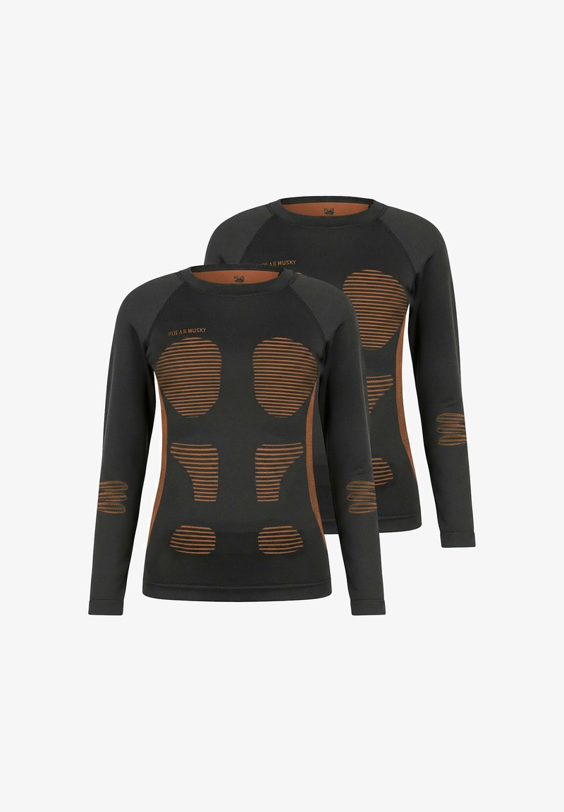 Long-sleeve athletic shirts in black with brown striped patterns. Features a fitted design and soft texture. Suitable for active wear.