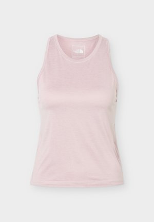 Débardeur de sport sans manches rose clair pour femme avec encolure ronde et logo The North Face à l'intérieur du col.