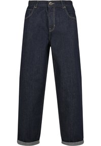 Blue jeans din denim închis, cu croi drept, având cusături contrastante, cinci buzunare și manșete răsucite cu un trim din denim.