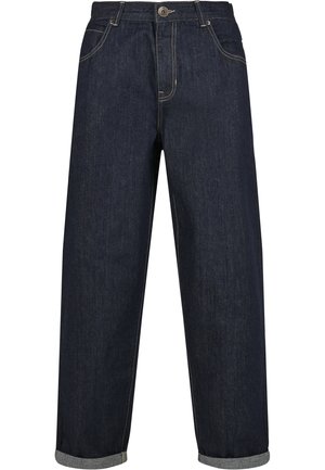 Granatowe dżinsy, prosty krój, z kontrastowym przeszyciem, pięcioma kieszeniami i podwiniętymi mankietami z denimu.