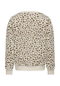 Sweatshirt en imprimé léopard crème avec des taches marron. Possède des manches longues et un ourlet côtelé. Tissu doux avec une coupe décontractée et un col rond.