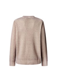 Valkoinen ribbed-neulepaita, jossa on pitkät hihat, pyöreä pääntie, teksturoitu pinta sekä kontrastiväriset ribbaushelmat ja hihansuut. Näkyy takaa.