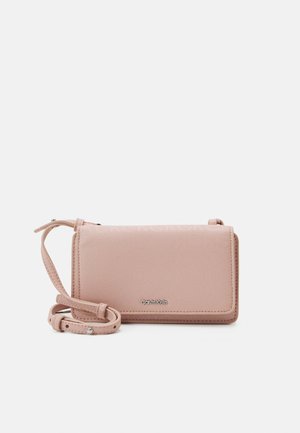 Pink leather crossbody bag with embossed logo pattern, rectangular shape, and detachable strap. Silver hardware accent at the front.