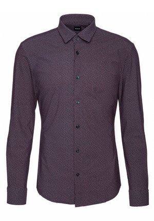 Dunkellila Hemd mit langen Ärmeln, Knopfleiste, kleinem roten und weißen geometrischen Muster und klassischem Kragen.