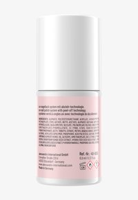 Witte cilindrische fles met een roze label, bevat UV-nagellak met afpelttechnologie, 6,5 ml, met zichtbare tekstonderdelen en gevarensymbolen.