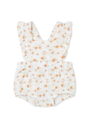 Pelele blanco para bebé con estampado floral naranja, tirantes fruncidos, cintura elástica y cierres de presión en la entrepierna.