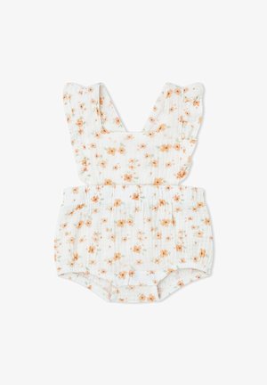 Pelele blanco para bebé con estampado floral naranja, tirantes fruncidos, cintura elástica y cierres de presión en la entrepierna.