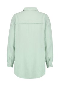 Langärmliges Hemd in Hellgrün, mit strukturierter Oberfläche, klassischem Kragen und geknöpften Manschetten. Rückansicht mit Passe.