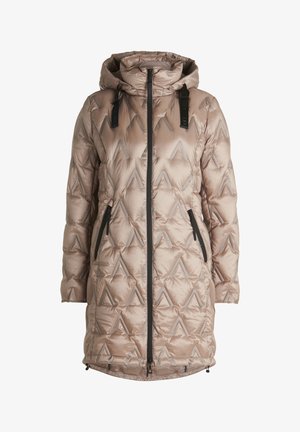 Gepolsterte Parkajacke in hellem Beige mit geometrischem Steppmuster, ausgestattet mit einer Kapuze, einem Frontreißverschluss und zwei seitlichen Reißverschlusstaschen.