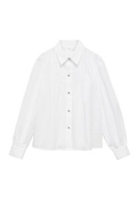 White long-sleeve blouse featuring a pointed collar, button front, and gathered detailing at shoulders. Made of smooth fabric with a clean finish.