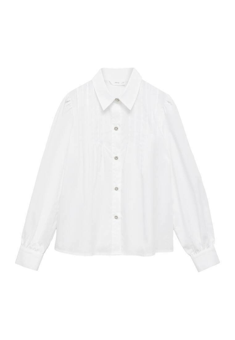 White long-sleeve blouse featuring a pointed collar, button front, and gathered detailing at shoulders. Made of smooth fabric with a clean finish.