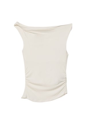 Cream-colored top made of smooth fabric, featuring an off-shoulder design, gathered detailing on the sides, and a curved hemline.