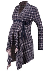 Graviditetsinspirerad wrap cardigan i marinblå och rosa mönster, med långa ärmar, knytmidja och asymmetrisk kant för en flödande silhuett.