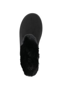 Czarne klapki z miękkim futrzanym kołnierzem, gładkim zamszowym ciałem i zaokrąglonym czubkiem, idealne do użytku w domu.