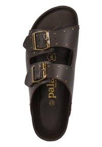 Brown leather sandal with two adjustable buckles and brass studs. Contoured footbed, text "palad" embossed on the insole. Classic slide design.
