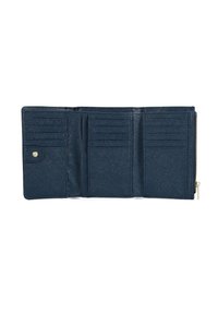 Portafoglio blu navy con superficie texture, include più scomparti per carte, una chiusura a pulsante a scatto e un compartimento con zip per le monete.