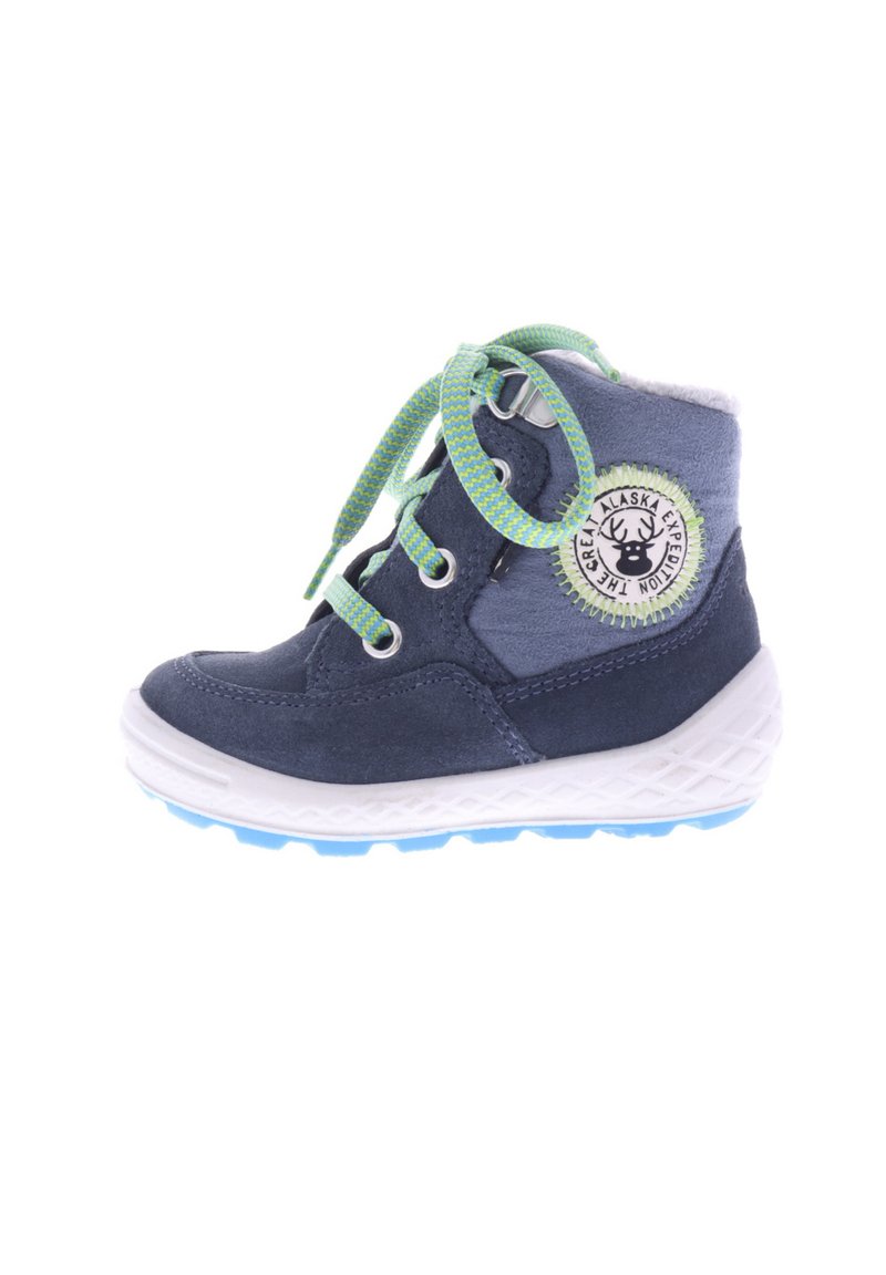 Navy blue suede ankle boot with gray accents, green patterned laces, and a circular logo patch. White midsole with blue rubber outsole.