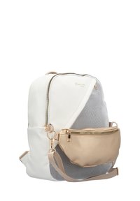 Backpack featuring a white textured body, mesh paneling, gold hardware, and a detachable gold pouch with a smooth finish. Zipper closures.