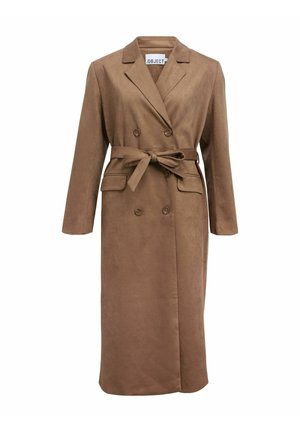 Brauner doppelreihiger Trenchcoat mit Reverskragen, langen Ärmeln, zwei vorderen Klappentaschen und einem gebundenen Taillengürtel.