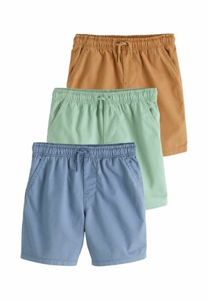 Drei Paare legere Shorts gestapelt, in Braun, Hellgrün und Blau, jeweils mit elastischem Bund und Seitentaschen.