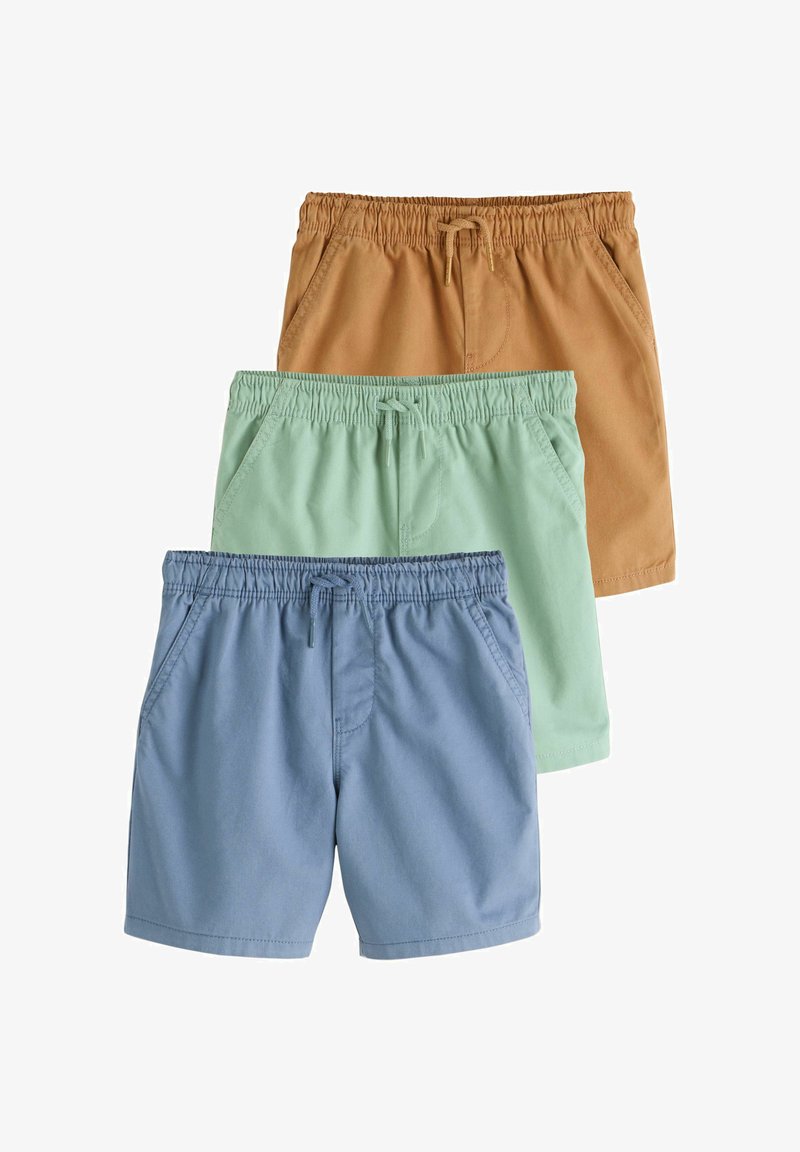 Trois paires de shorts décontractés empilées, en marron, vert clair et bleu, chacune avec une taille élastique et des poches latérales.