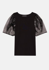 Black top with ribbed fabric and short, sheer black puff sleeves. Features gathered detailing on the sleeves and a round neckline.