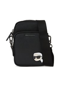 Geantă crossbody neagră, realizată dintr-un material texturat, cu o pungă frontală cu fermoar și un logo Karl Lagerfeld cu o figură de desen animat purtând ochelari de soare.