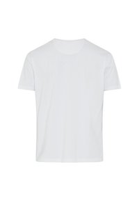 T-shirt bianco in cotone con maniche corte e colletto rotondo. Texture liscia, vestibilità standard e nessun logo o motivo visibile.