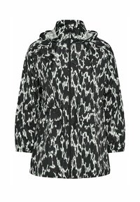 Svart och vit mönstrad jacka med huva, dragkedjestängning, dragsko i midjan och sidofickor; designad med ett lätt, texturerat tyg.