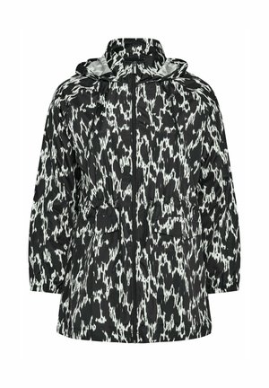 Black and white patterned jacket with a hood, zip closure, drawstring waist, and side pockets; designed with a lightweight, textured fabric.