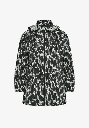 Czarna i biała kurtka we wzory z kapturem, zapięcie na zamek błyskawiczny, regulowany pas i boczne kieszenie; zaprojektowana z lekkiej, teksturowanej tkaniny.